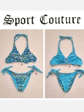 Sport Couture Aqua Blue Mermaid Print Reversible UPF 50+ Bikini Sz M NWT